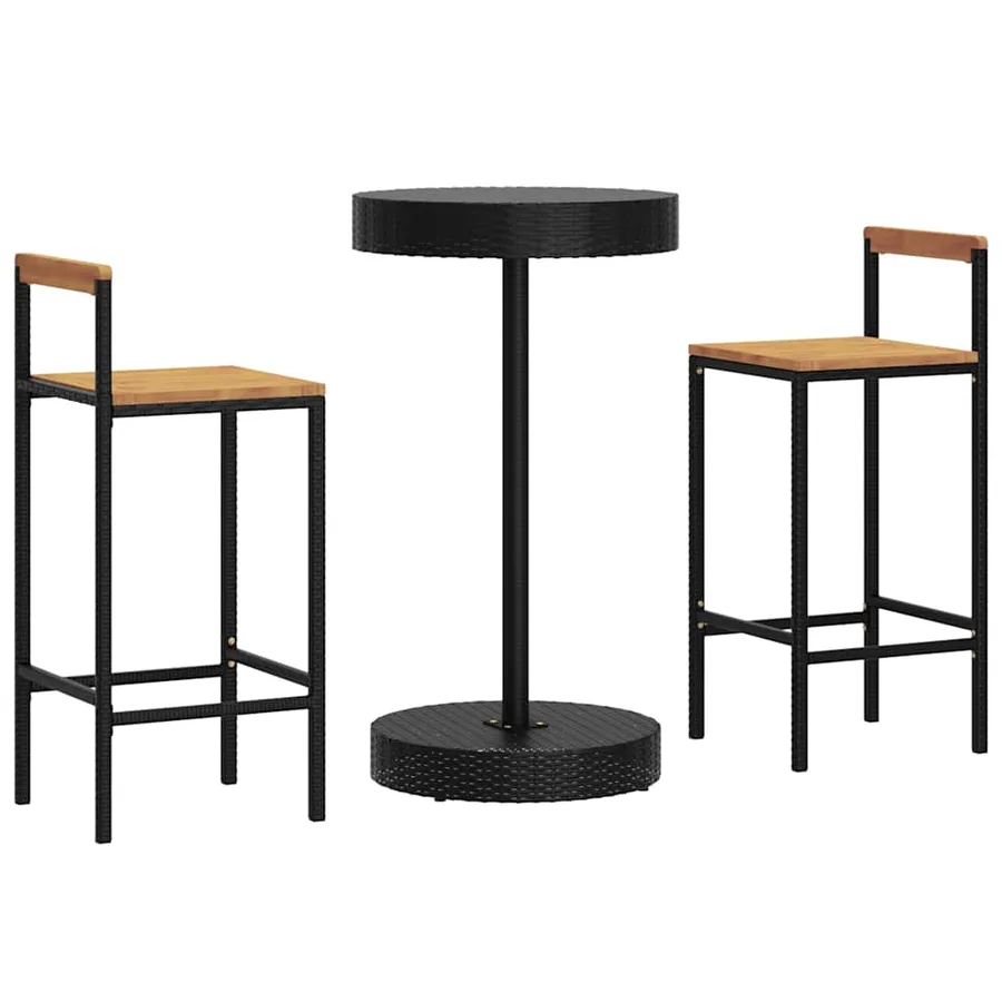 Ensemble de bar jardin 3 pcs noir poly rotin/bois massif acacia - 3