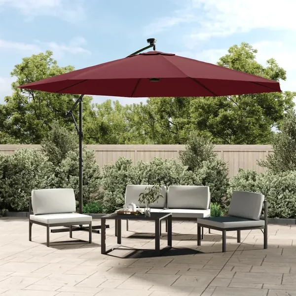 Parasol de jardin en porte-à-faux lumières LED rouge bordeaux