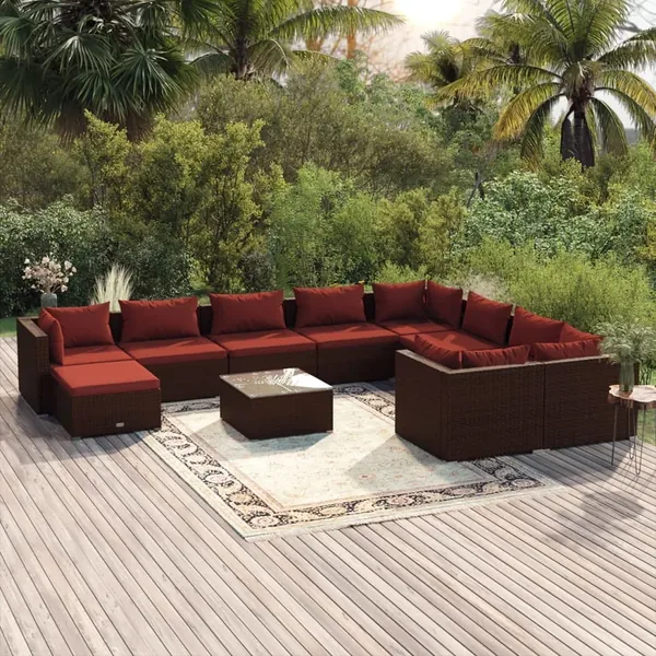 Salon de jardin 11 pcs avec coussins Résine tressée Marron