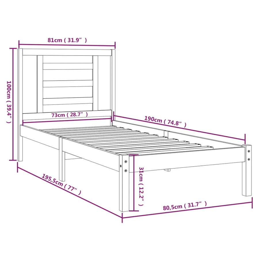 Cadre de lit sans matelas blanc 75x190 cm bois massif - 6