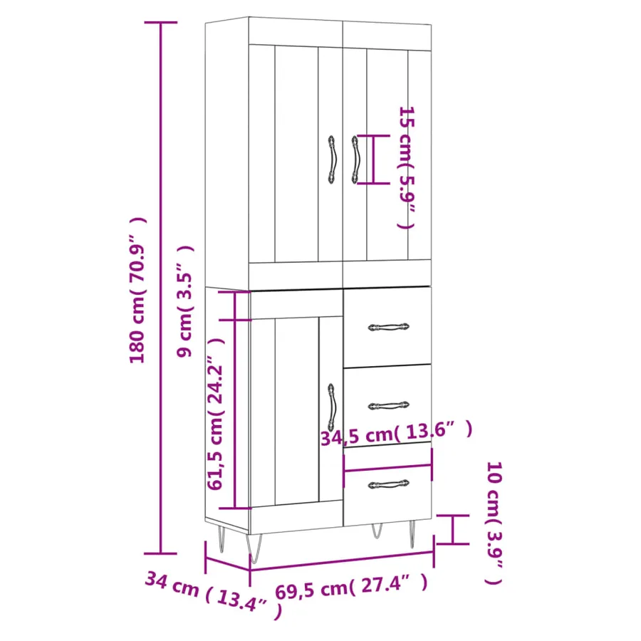 Buffet haut Blanc 69,5x34x180 cm Bois d'ingénierie - 14