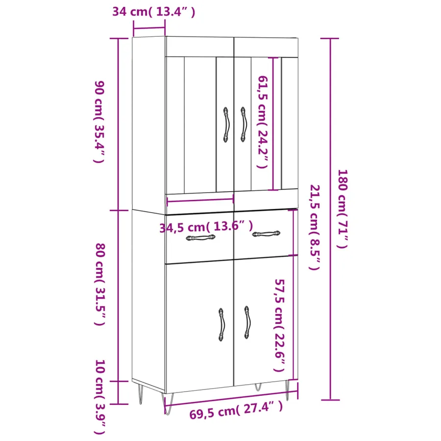 Buffet haut Sonoma gris 69,5x34x180 cm Bois d'ingénierie - 14