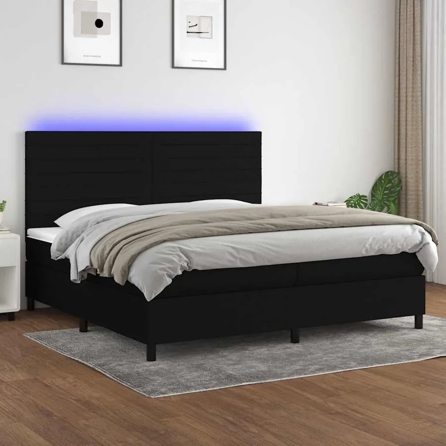 Sommier à lattes de lit et matelas et LED Noir 200x200 cm Tissu