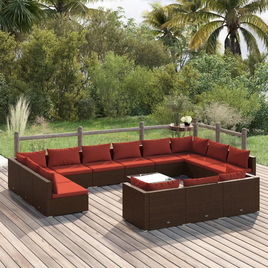Salon de jardin 14 pcs avec coussins Marron Résine tressée