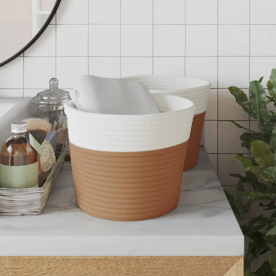 Paniers de rangement 2 pcs marron et blanc Ø24x18 cm coton - 3
