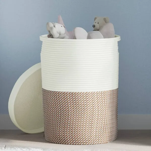 Panier de rangement et couvercle marron et blanc Ø37x50cm coton