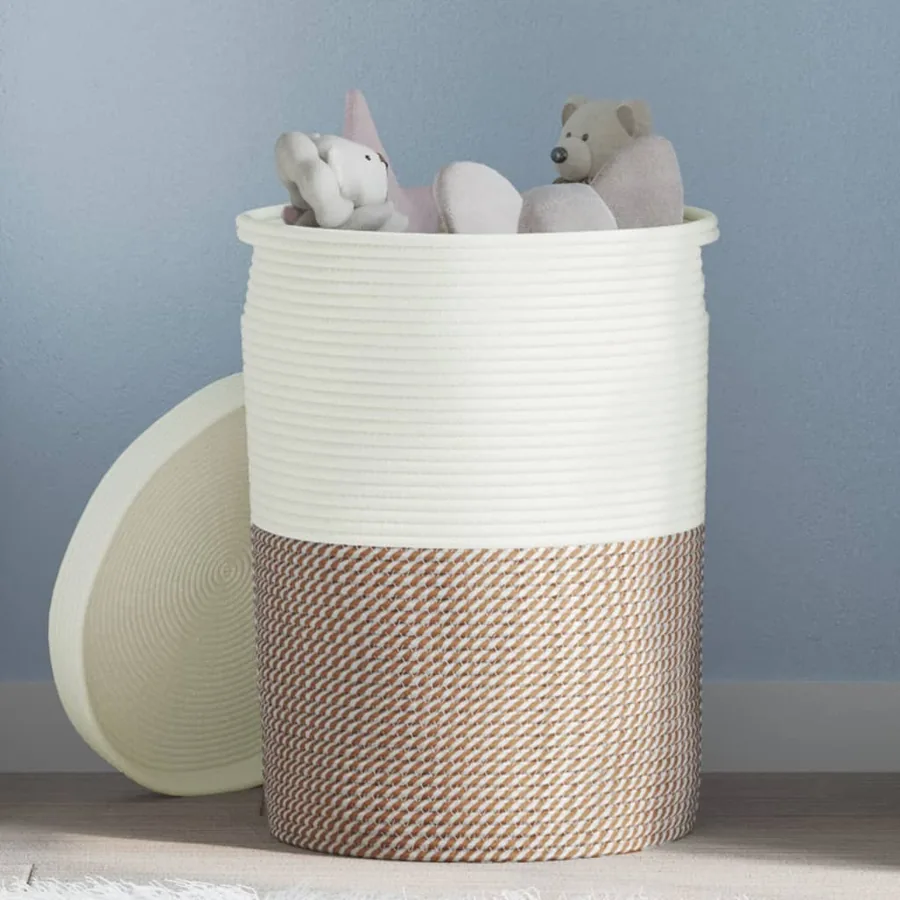 Panier de rangement et couvercle marron et blanc Ø37x50cm coton