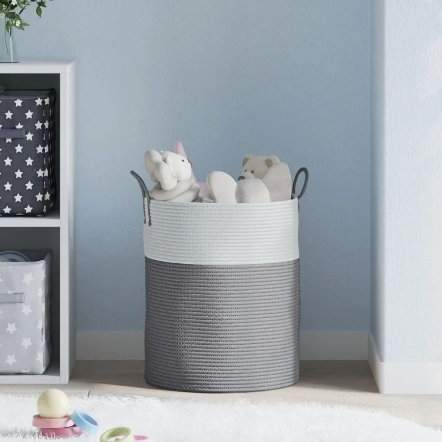 Panier de rangement gris et blanc Ø38x46 cm coton - 3