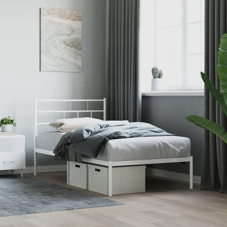 Cadre de lit métal sans matelas avec tête de lit blanc 75x190cm