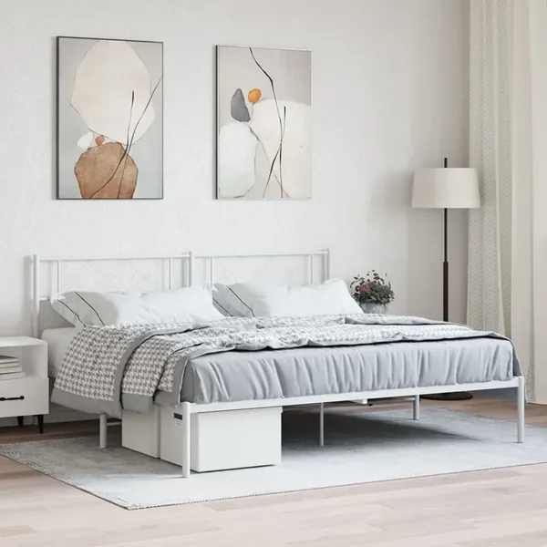 Cadre de lit métal sans matelas et tête de lit blanc 200x200 cm