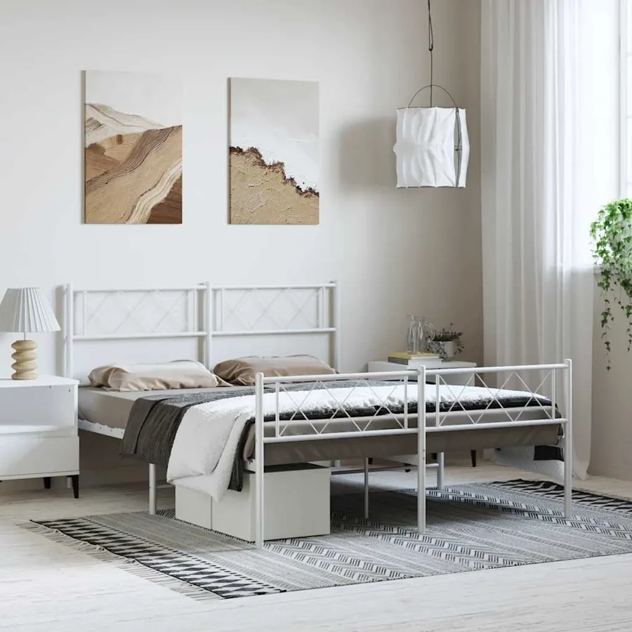 Cadre de lit métal sans matelas et pied de lit blanc 150x200 cm