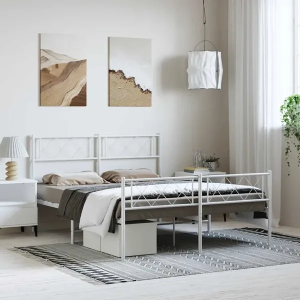 Cadre de lit métal sans matelas et pied de lit blanc 150x200 cm