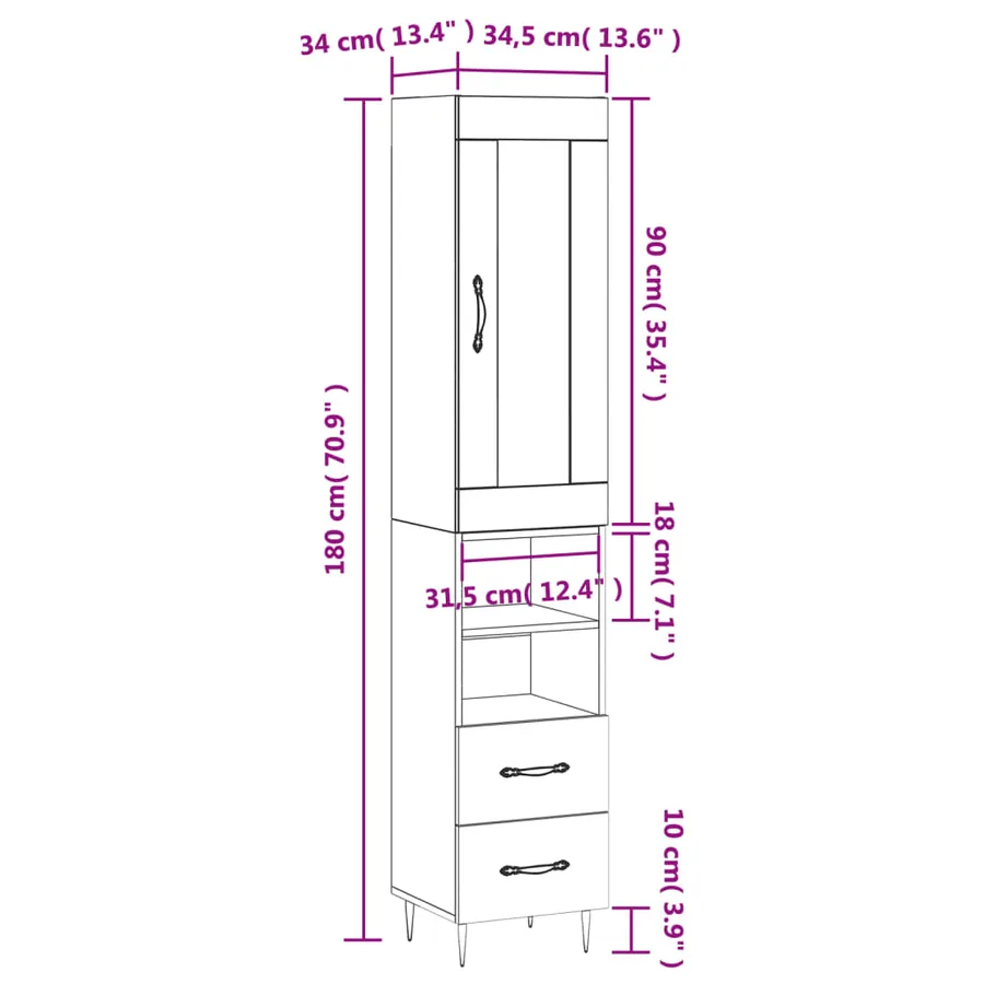 Buffet haut Blanc 34,5x34x180 cm Bois d'ingénierie - 14