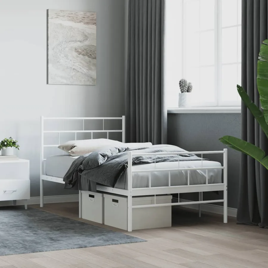 Cadre de lit métal sans matelas et pied de lit blanc 107x203 cm