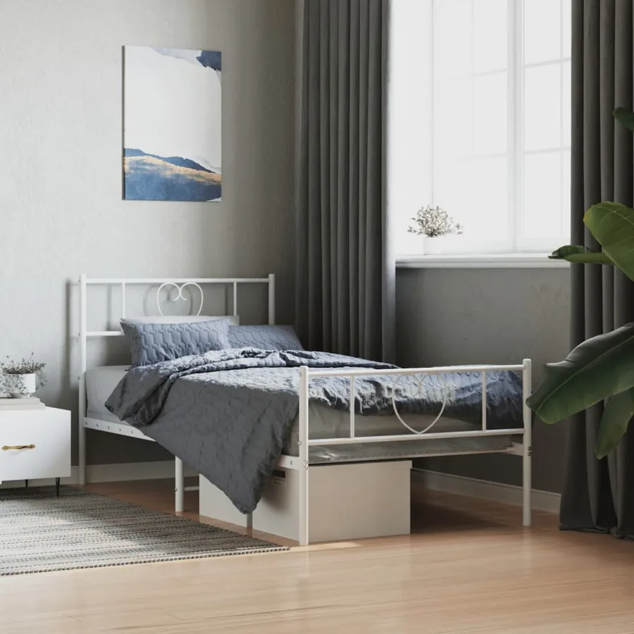 Cadre de lit métal sans matelas avec pied de lit blanc 75x190cm