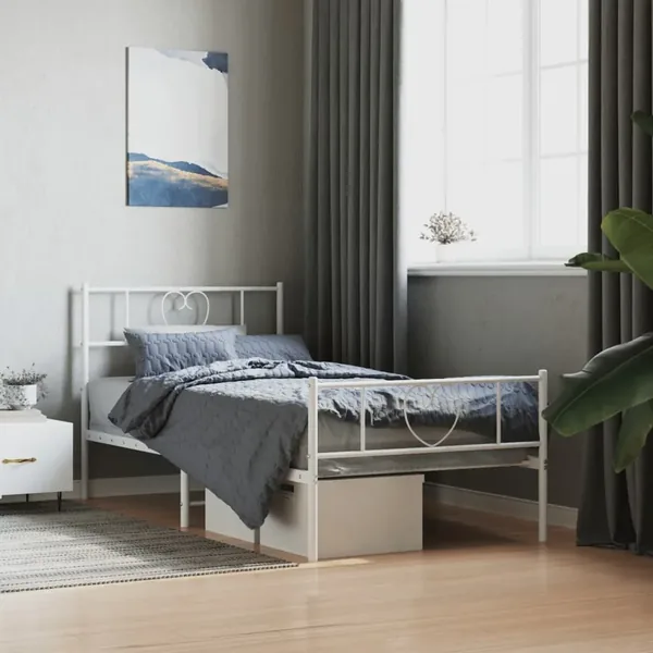 Cadre de lit métal sans matelas avec pied de lit blanc 75x190cm
