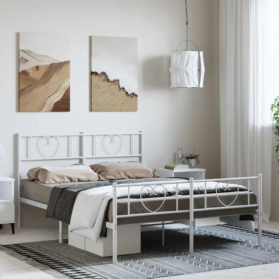 Cadre de lit métal sans matelas et pied de lit blanc 135x190 cm