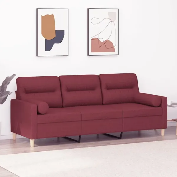 Canapé 3 places avec oreillers décoratifs bordeaux 180 cm tissu