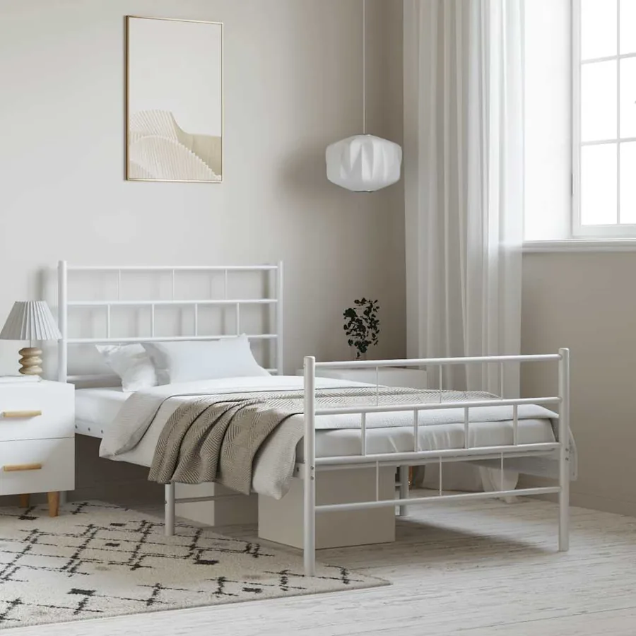 Cadre de lit métal sans matelas et pied de lit blanc 100x190 cm