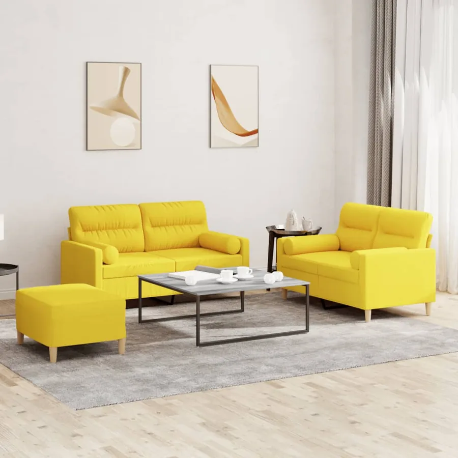 Ensemble de canapés 3 pcs avec coussins jaune clair tissu