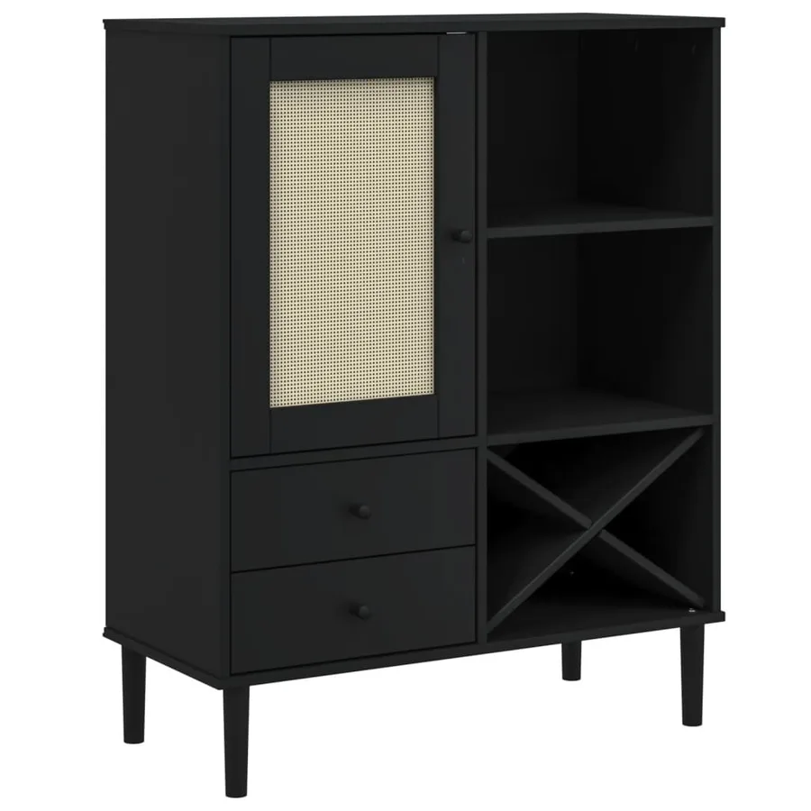 Buffet SENJA aspect rotin noir 90x40x112cm bois massif de pin - 2