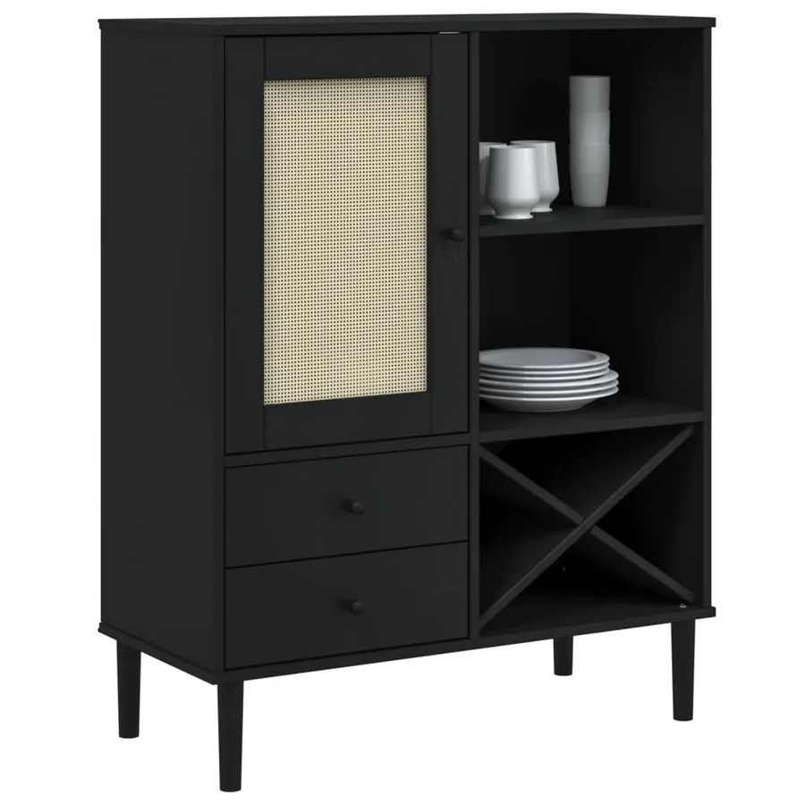 Buffet SENJA aspect rotin noir 90x40x112cm bois massif de pin - 3