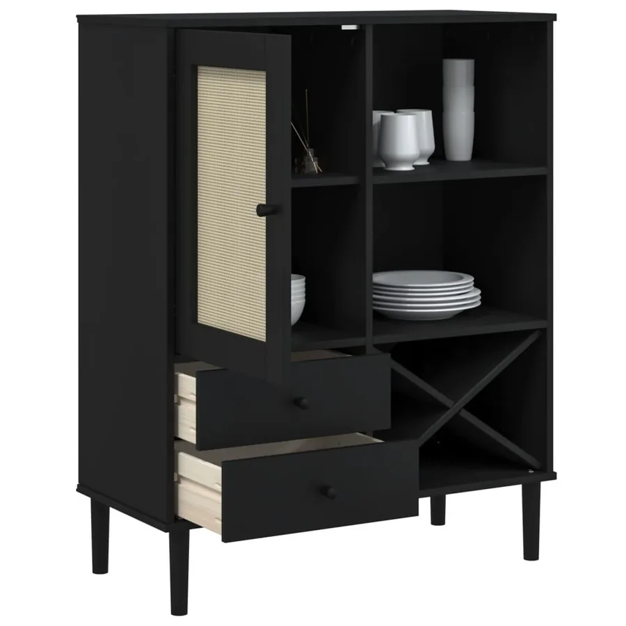 Buffet SENJA aspect rotin noir 90x40x112cm bois massif de pin - 4