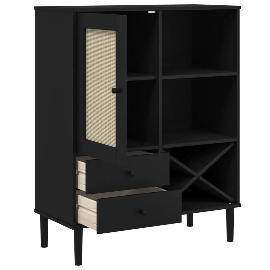 Buffet SENJA aspect rotin noir 90x40x112cm bois massif de pin - 6