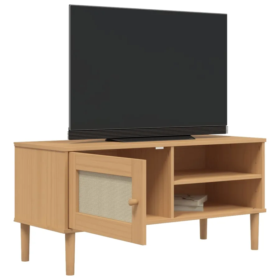 Meuble TV SENJA aspect rotin marron 106x40x49cm bois massif pin - 4