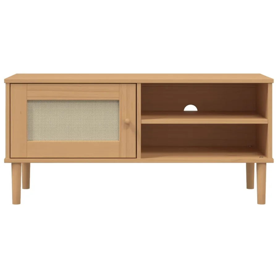 Meuble TV SENJA aspect rotin marron 106x40x49cm bois massif pin - 5