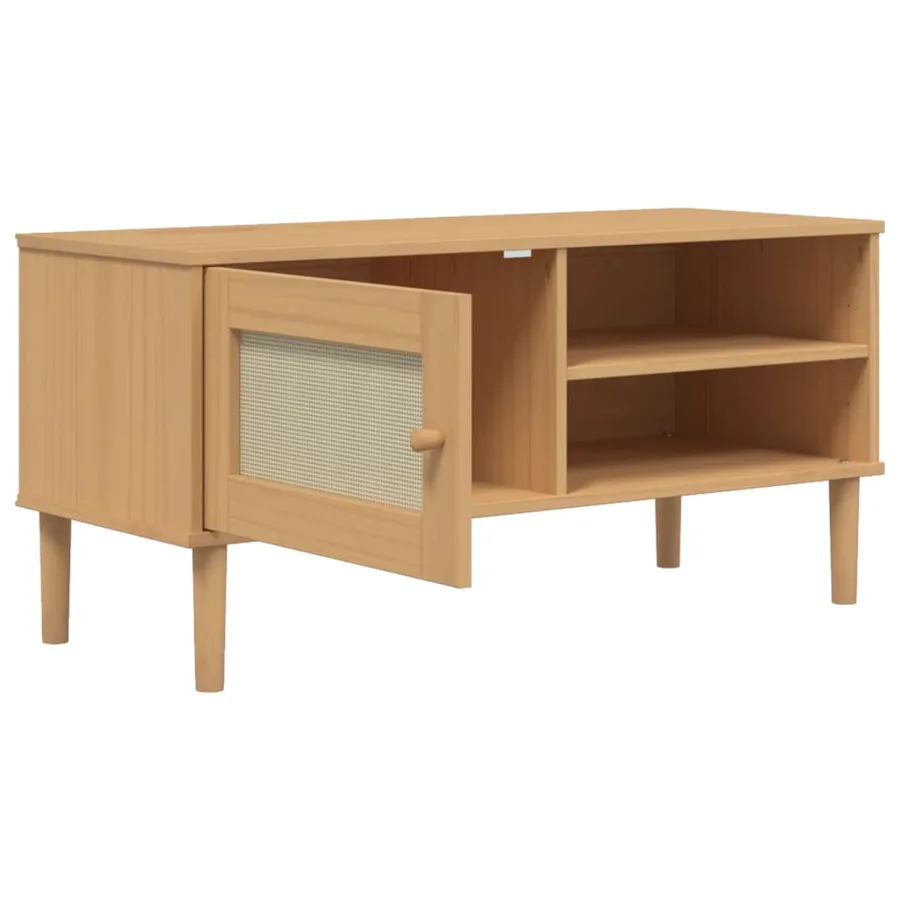 Meuble TV SENJA aspect rotin marron 106x40x49cm bois massif pin - 6