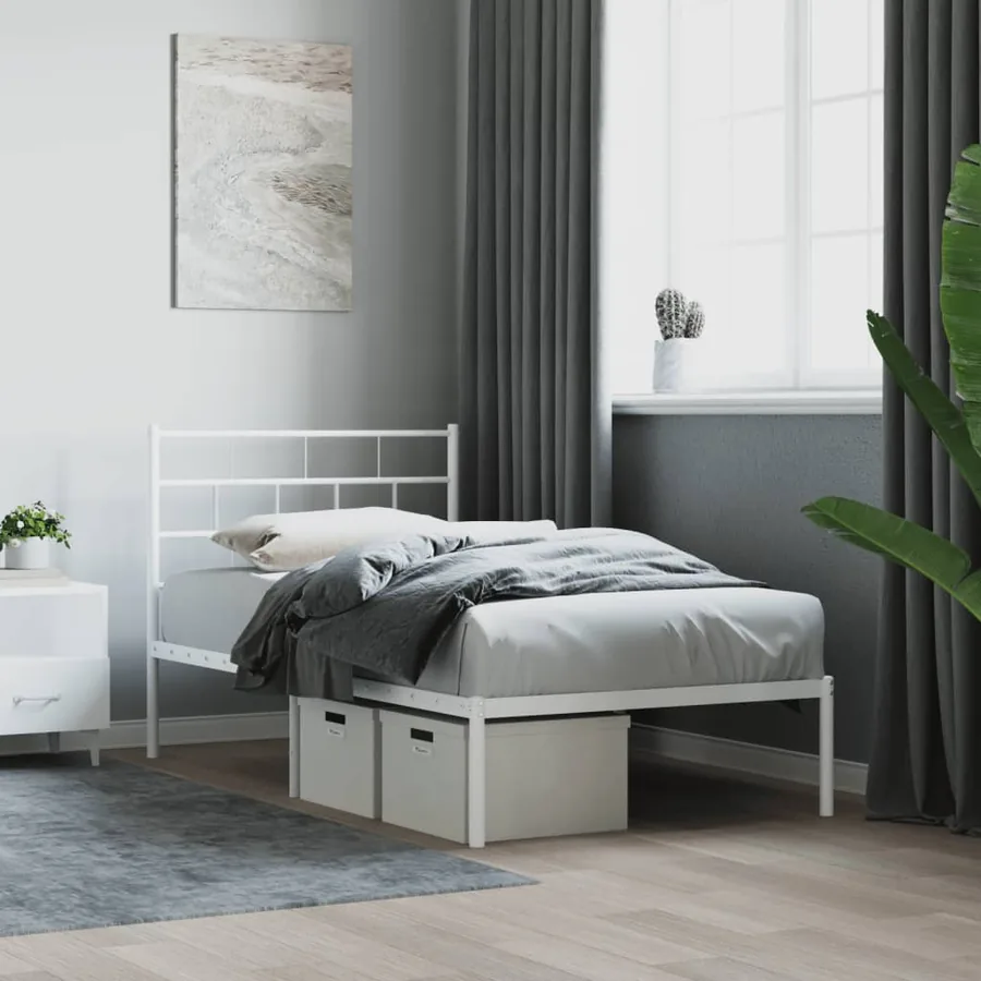 Cadre de lit métal sans matelas avec tête de lit blanc 80x200cm