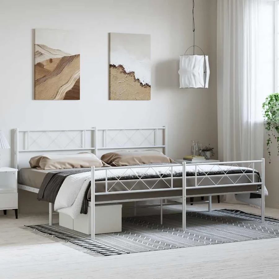 Cadre de lit métal sans matelas et pied de lit blanc 193x203 cm
