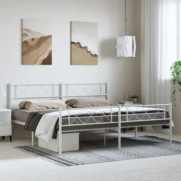 Cadre de lit métal sans matelas et pied de lit blanc 193x203 cm