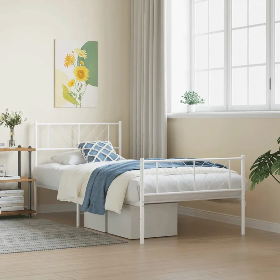 Cadre de lit métal sans matelas avec pied de lit blanc 75x190cm
