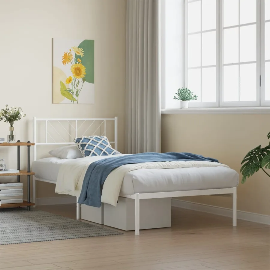 Cadre de lit métal sans matelas avec tête de lit blanc 90x190cm