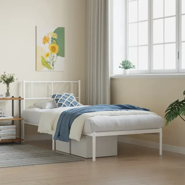 Cadre de lit métal sans matelas avec tête de lit blanc 90x190cm