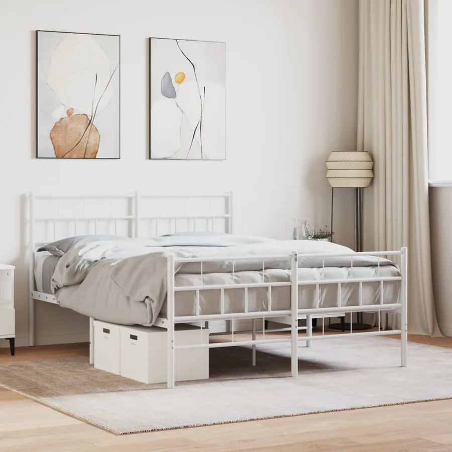 Cadre de lit métal sans matelas et pied de lit blanc 160x200 cm