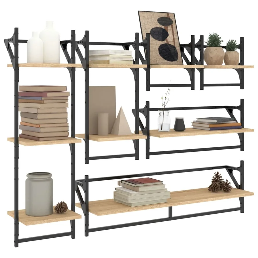 Ensemble d'étagères murales avec barres 6 pcs chêne sonoma - 3