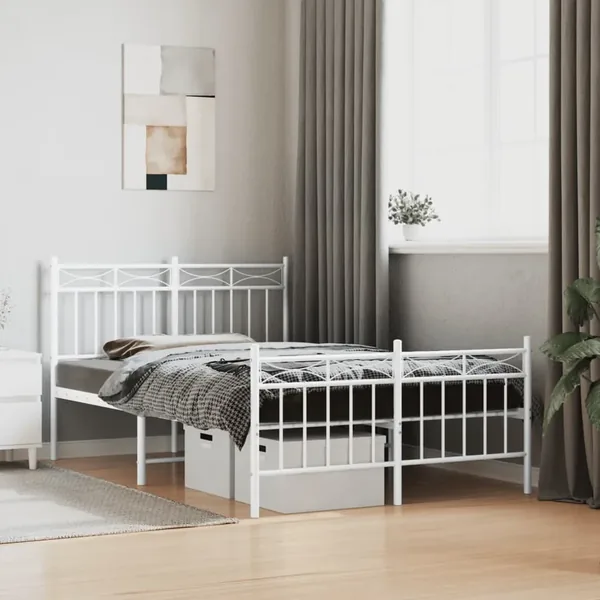 Cadre de lit métal sans matelas et pied de lit blanc 120x200 cm