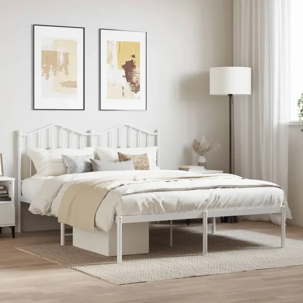 Cadre de lit métal sans matelas et tête de lit blanc 140x190 cm