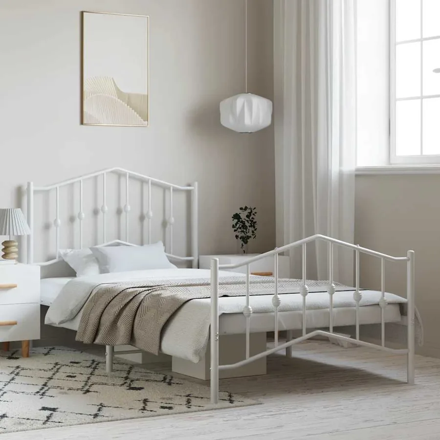 Cadre de lit métal sans matelas et pied de lit blanc 100x190 cm