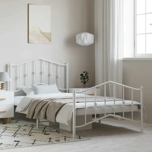Cadre de lit métal sans matelas et pied de lit blanc 100x190 cm