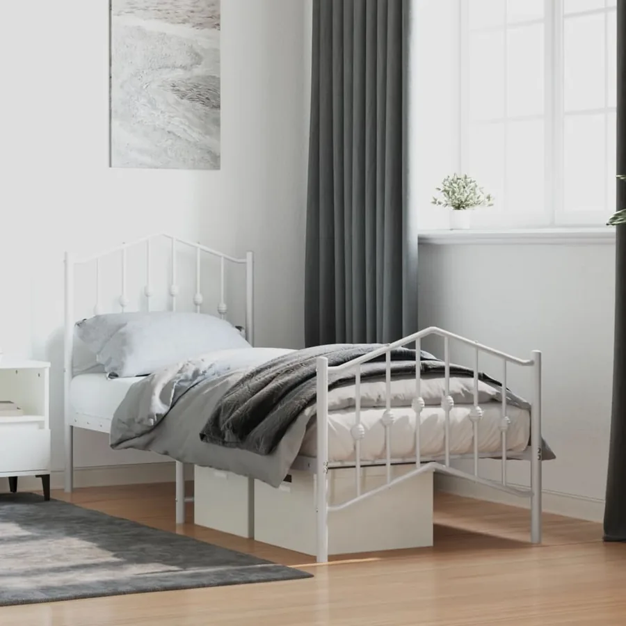 Cadre de lit métal sans matelas avec pied de lit blanc 75x190cm