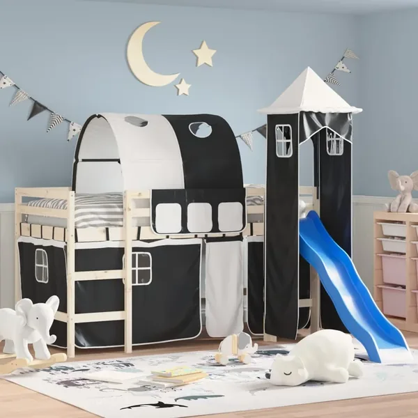 Rideaux pour lit mezzanine avec tunnel et tour blanc et noir