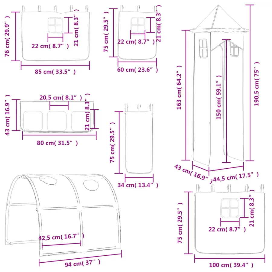 Rideaux pour lit mezzanine avec tunnel et tour blanc et noir - 20