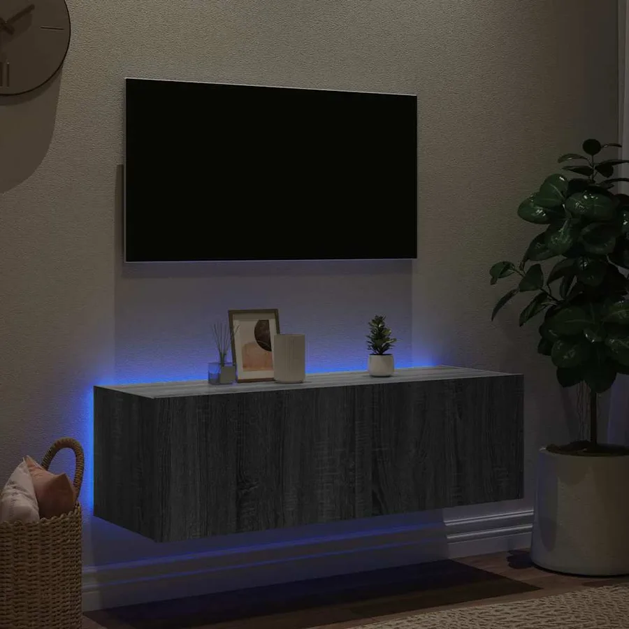 Meuble TV mural avec lumières LED sonoma gris 100x35x31 cm - 4
