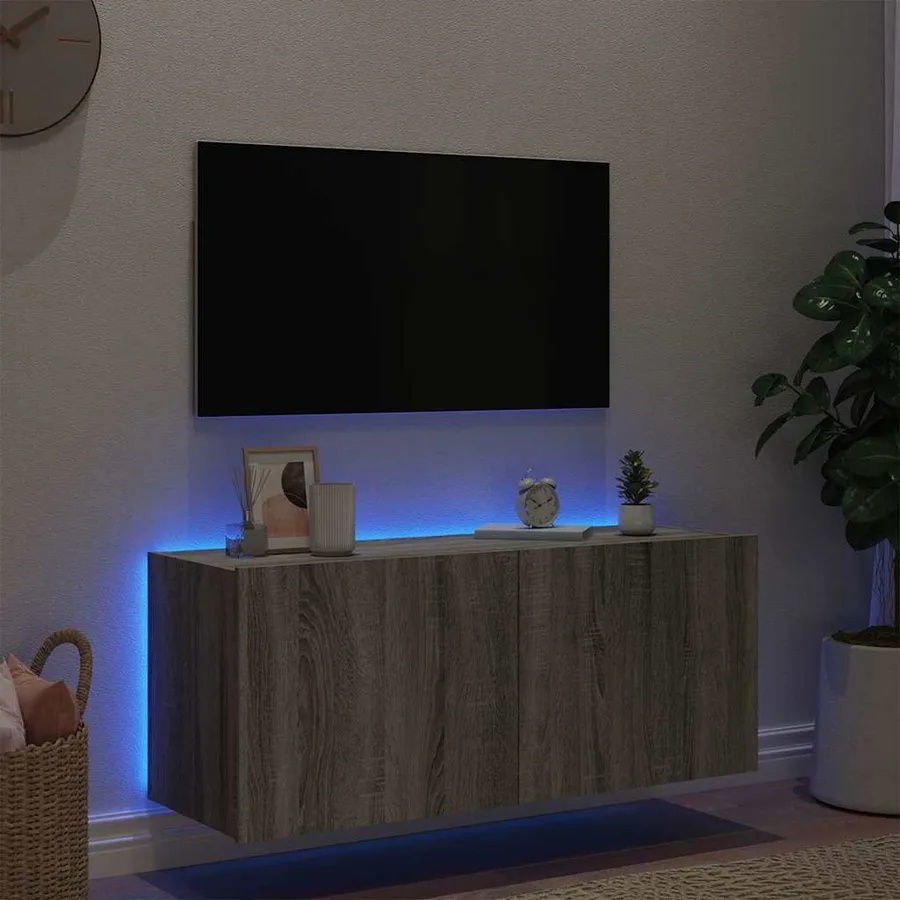 Meuble TV mural avec lumières LED sonoma gris 100x35x41 cm - 4