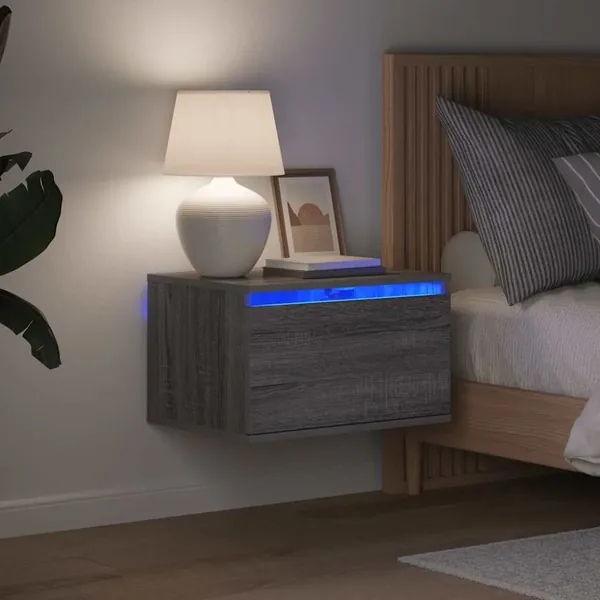Tables de chevet murales avec lumières LED 2 pcs sonoma gris
