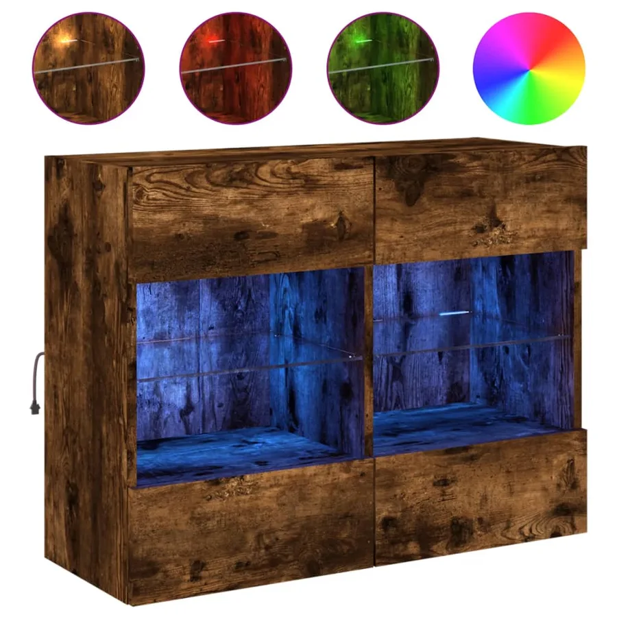 Meuble TV mural avec lumières LED chêne fumé 78,5x30x60,5 cm - 2